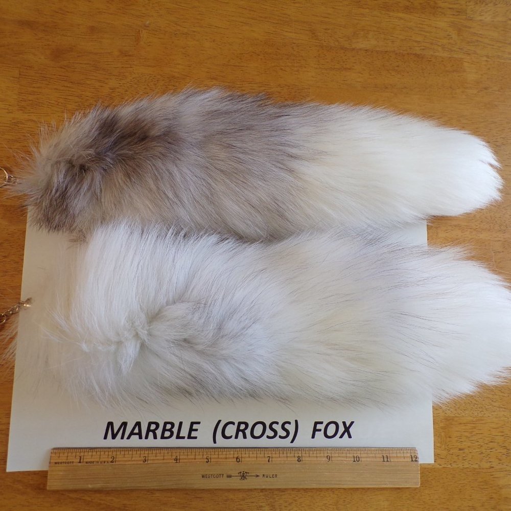 XL marble cross FOX TAIL keychain purse charm 16-18" long - real FOX fur